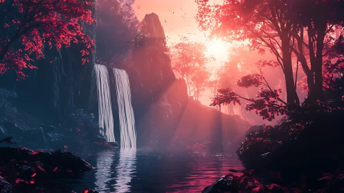 Dreamy twin waterfalls glow in soft pink forest light