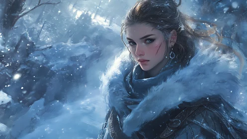 Winter warrior woman in fur cloak under falling snowstorm.