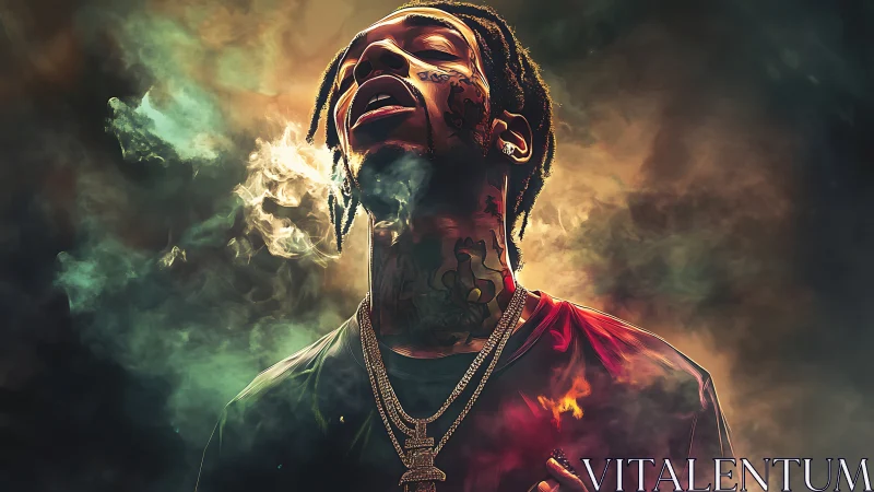 Digital portrait of tattooed vocalist in dramatic neon smoke