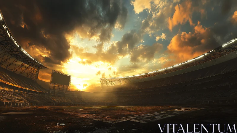 Empty open-air stadium under dense sunset cloud cover.