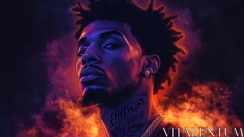 Digital portrait of male figure with neon lighting effects.