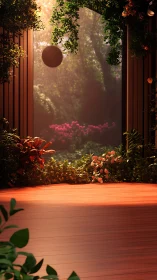 Digital garden stage with luminous forest backdrop framing.