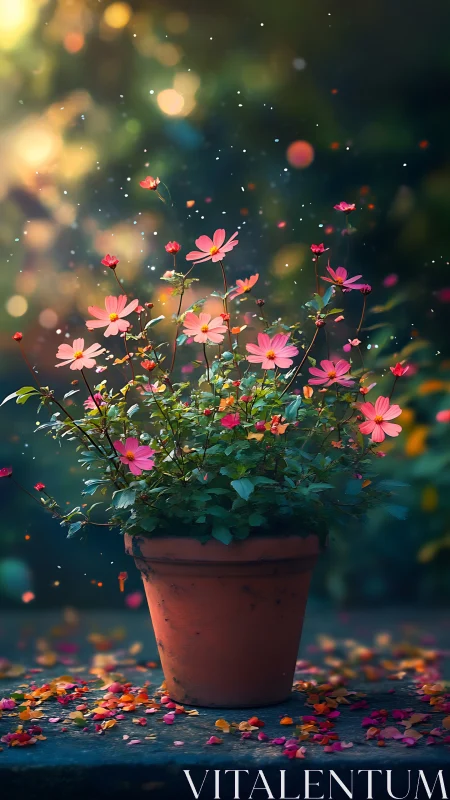 Blooming Cosmos in Terracotta: Luminous Floral Composition with Particle Effects