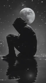 Silhouetted hooded figure crouches under full moon reflection