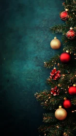Christmas tree branch with red ornaments on teal backdrop