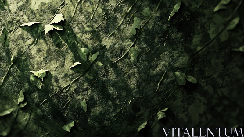 Textured green surface with scattered leaves in relief.