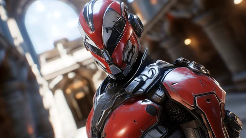 Armored red sci fi hero stands poised in sunlit ruins