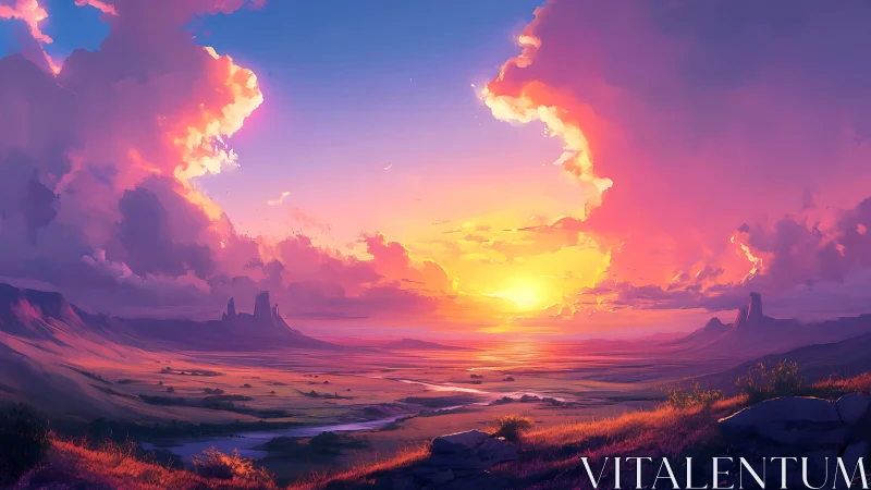 Sunset over expansive valley with distant mesas and clouds.