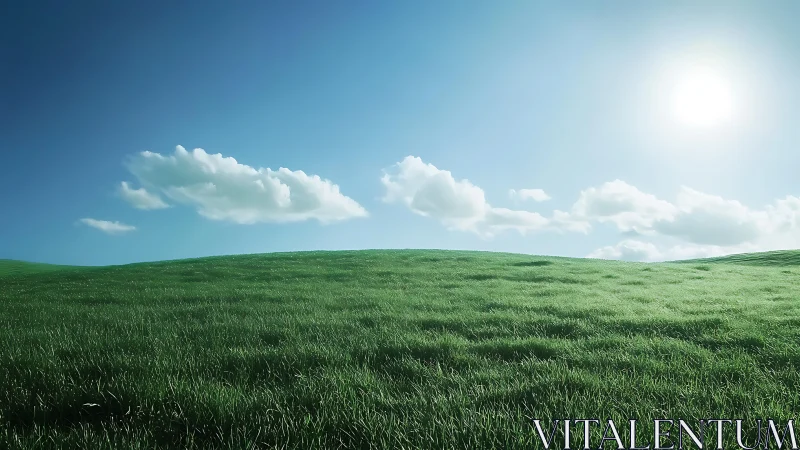 Sunlit grassy hillside under clear blue sky with cumulus cloudband