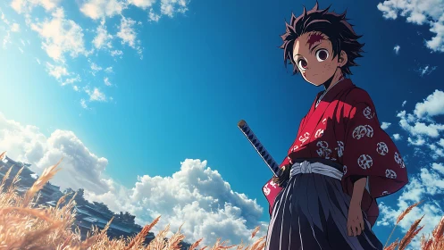 Anime swordsman standing in wheat field under blue sky.