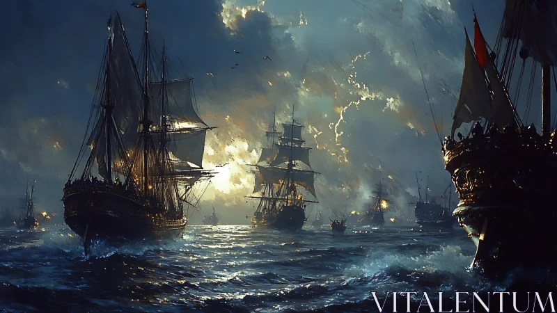 Firelit tall ships crossing a stormy twilight sea.