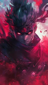 Fierce red eyed warrior steps from swirling crimson storm