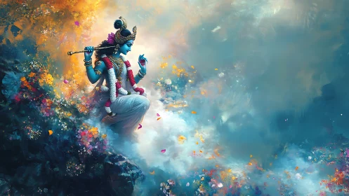 Divine blue figure with flute amid luminous celestial mist.
