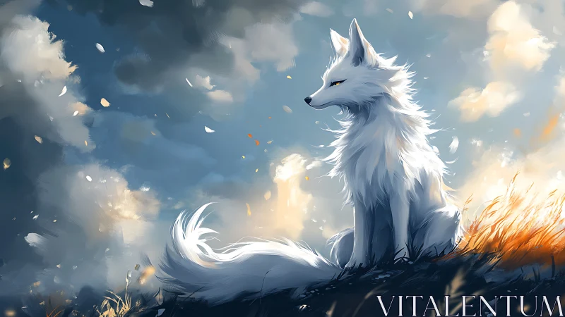 Majestic white fox in windswept golden twilight field.