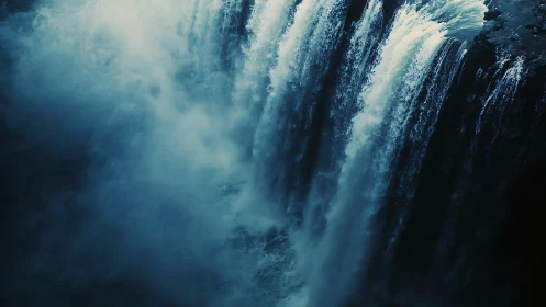 Mystical blue waterfall pouring into a soft misty abyss.