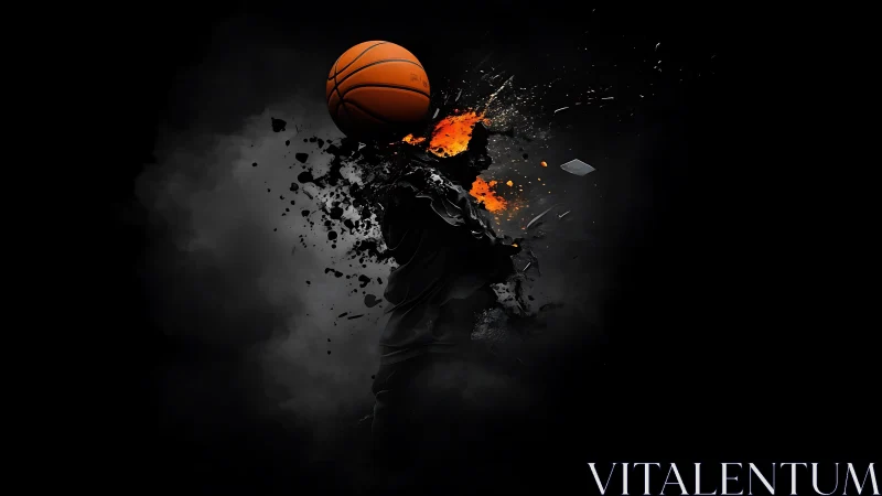 Dynamic basketball impact with explosive dark fracturing motion.