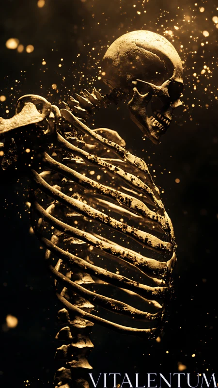 Golden embers drift around a quietly glowing skeleton.