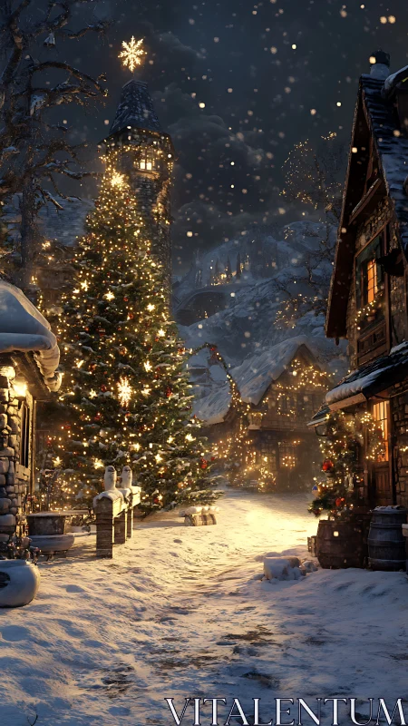 Snow-covered village street with illuminated Christmas tree.