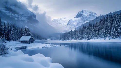 Snowbound alpine lake cabin under misted conifer slopes at dusk