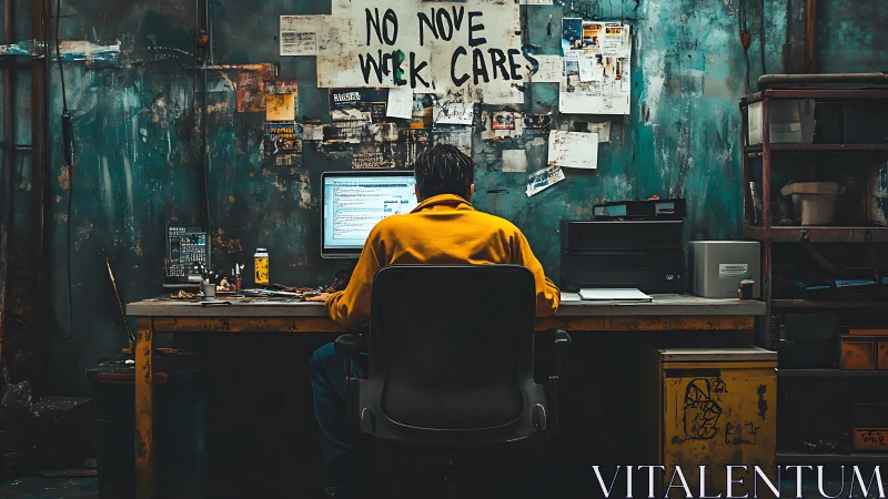 Worker sits at cluttered desk in dim industrial office