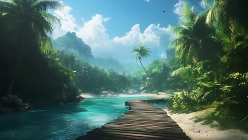 Wooden Boardwalk Beckons Through Emerald Paradise's Turquoise Waters