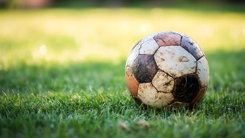 Weathered soccer ball rests on sunlit green field edge