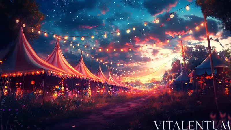 Twilight carnival tents glow beneath star-strung skies.