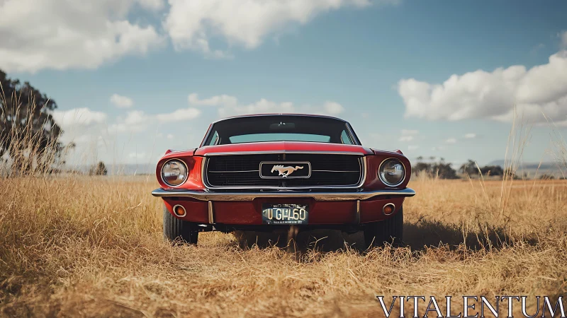 Classic red Mustang resting proudly in a golden open field.