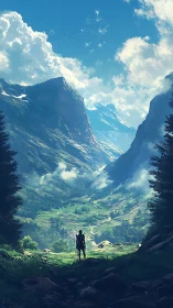 Solitary figure surveys vast sunlit mountain valley below