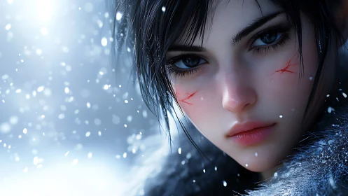 Close-up snowy portrait of scarred girl in high-detail 3D render