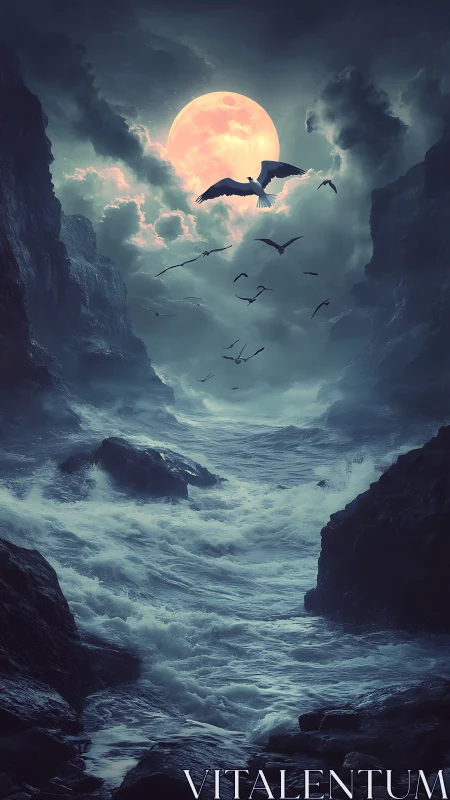 Moonlit storm channel with soaring seabirds, digital painting.
