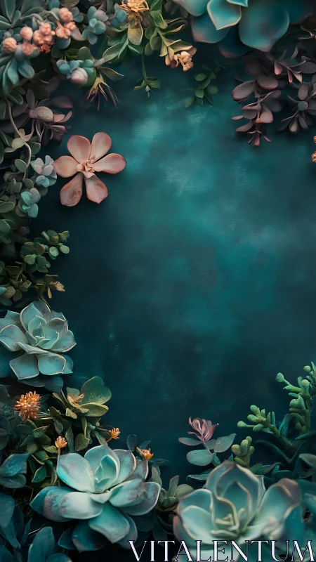 Succulent Blooms Frame a Peaceful Teal Garden Scene