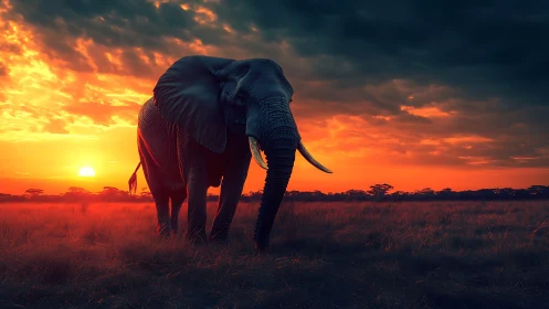 Majestic elephant strides across a blazing savanna sunset.