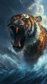 Roaring tiger emerging from storm-tossed ocean, dramatic surf