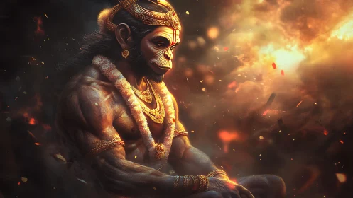 Mythic simian warrior rendered with volumetric firelight and muscle detail