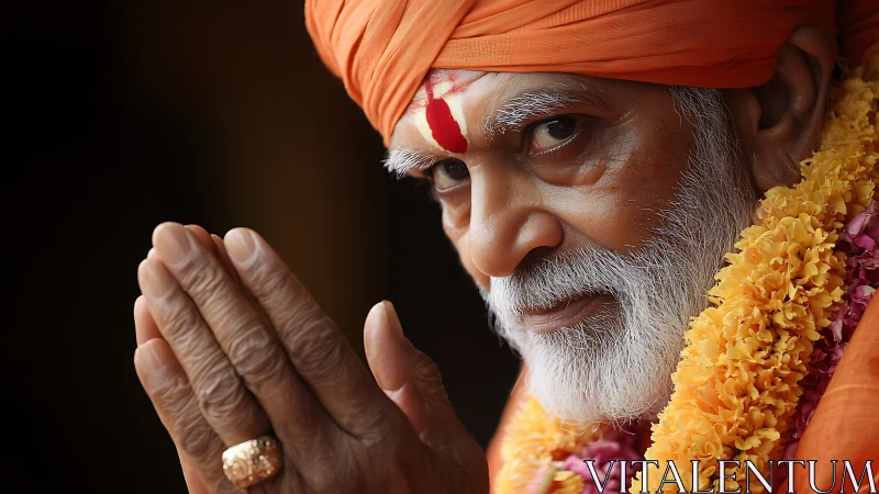 Gentle elder offers a warm namaste in marigold garlands