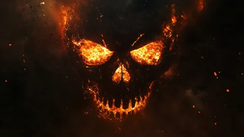 Fiery skull shape emerges from dense black smoke field