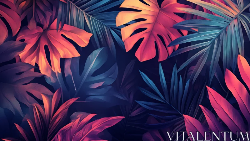 Neon-gradient tropical foliage creates layered chromatic depth