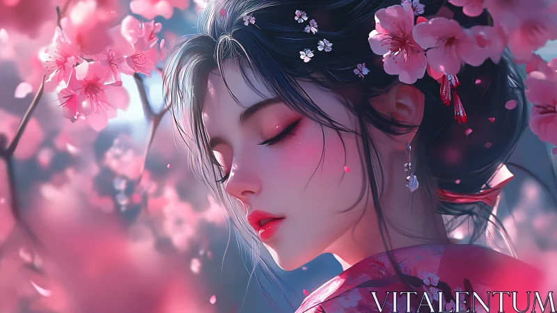 Blossom-dusted daydream with a moonlit kimono muse.