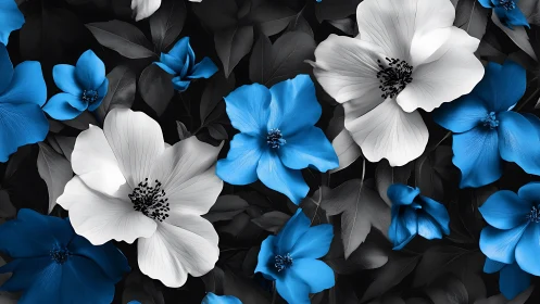 Blue and White Floral Symphony Against Shadowed Foliage.