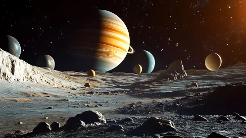 Rocky moon surface under giant ringed gas planet and moons.