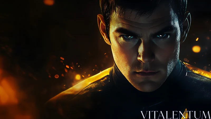 Stormlit space officer framed by glowing ember sparks.