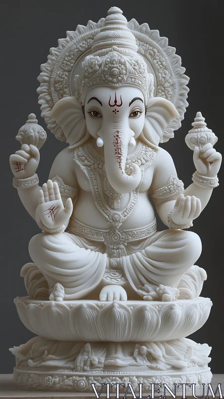 White marble Ganesha statue with intricate carved ornaments.