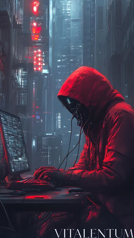 Midnight hooded hacker weaving code in neon rainstorm.