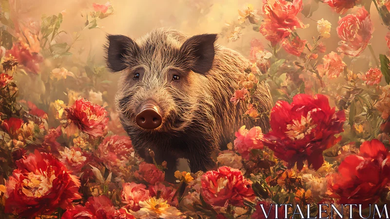 Gentle wild boar wandering through a dreamy flower garden.