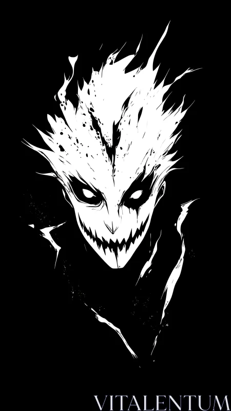 Stark monochrome demonic face with jagged flame hair.