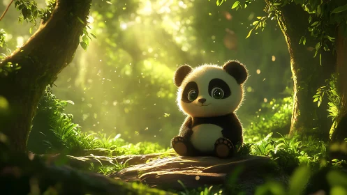 Cute baby panda sitting in bright green forest clearing scene.