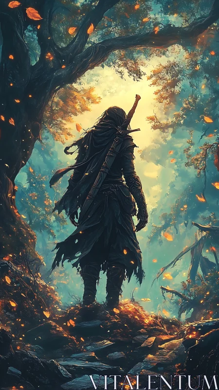 Cloaked warrior standing in glowing enchanted forest scene.