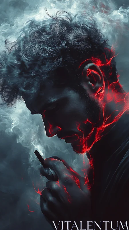 Man wreathed in smoke grips embered device in silence.