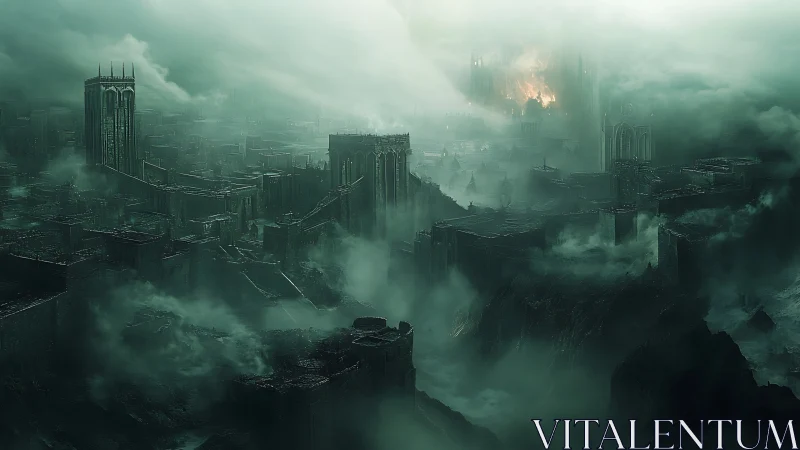 Shattered gothic metropolis in toxic emerald fogscape.